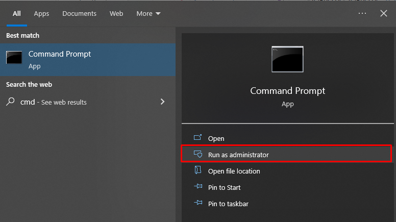 Enter cmd in Windows Start menu, then choose 'Run as Administrator' for Command Prompt access.
