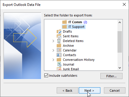 Select a few mail folders (that you want to save to a new PST file) and click Next