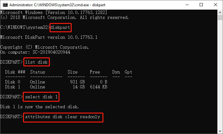 3 type diskpart to remove write protection in sd card