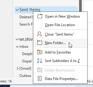 Click on the PST file in the left pane and right-click to create a new folder.