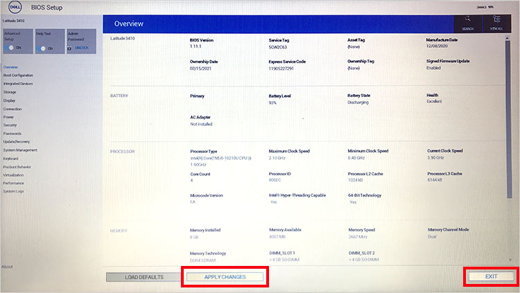 Apply Changes and click Exit after changing BIOS settings