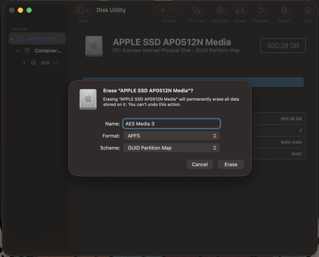 click Erase, and choose APFS