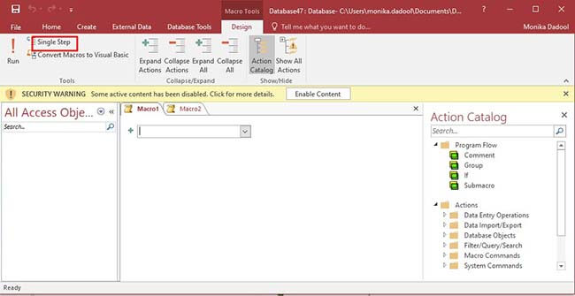 Microsoft Access Design Option and Selecting Single Step