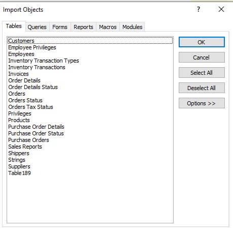 Importing objects from tables
