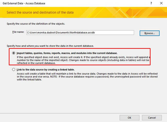 Importing from source and destination of the data