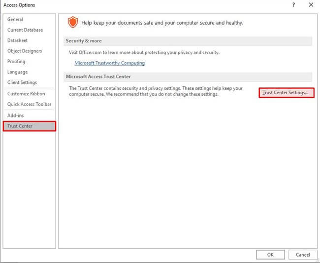Clicking Trust Center Settings from Trust Center