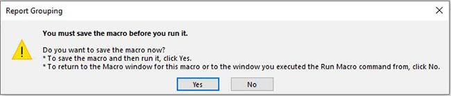 Prompt to Save Macro in Microsoft Access and Clicking 'Yes' to Confirm
