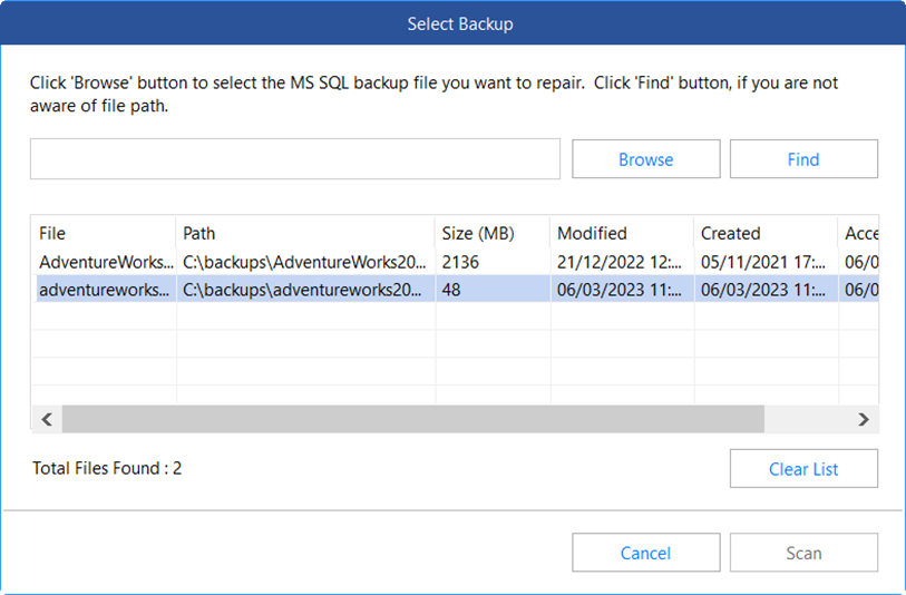 Find and Browse option from Stellar Repair for MSSQL interface