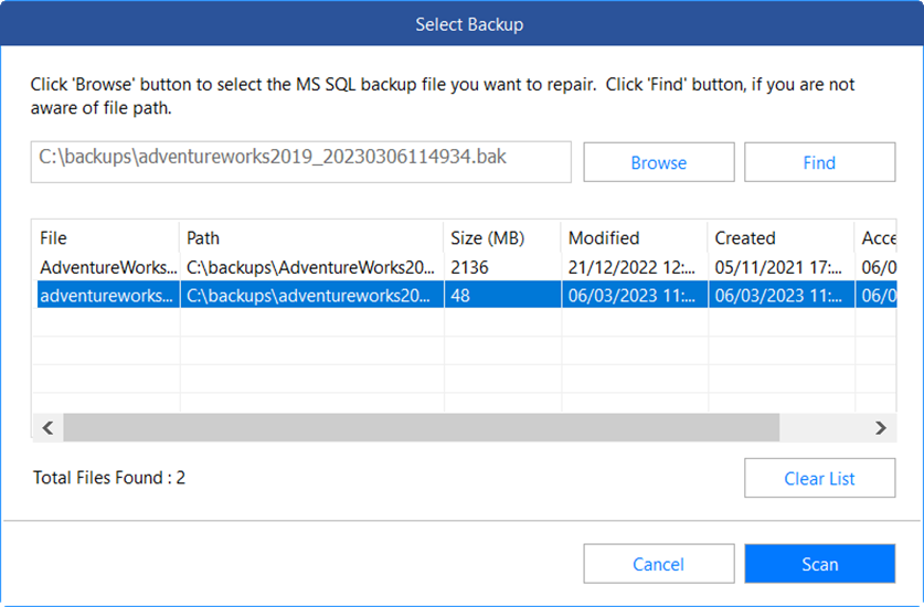 Click Scan button after selecting the backup file from Stellar Repair for MSSQL Technician Interface