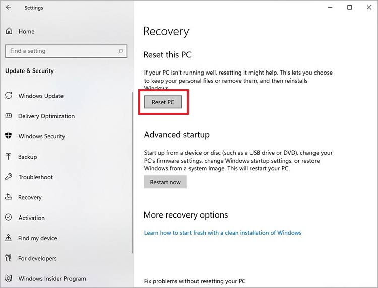 click on reset PC to wipe your ssd