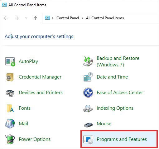 open programs and features in control panel