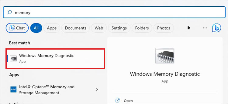 open windows memory diagnostic tool from search
