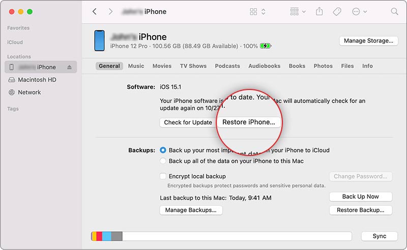 reset iphone via itunes - click Restore iPhone