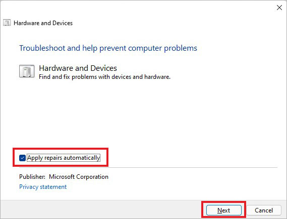 select Apply repairs automatically and click Next