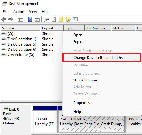 select Change drive and letter paths in Disk Management