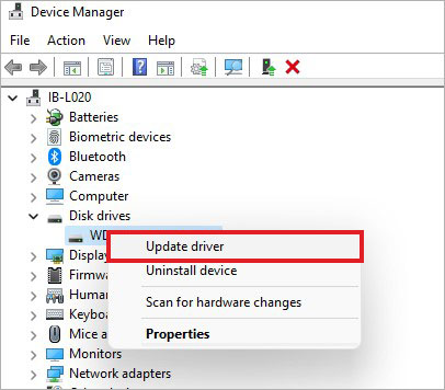 select Update driver for WD hard drive
