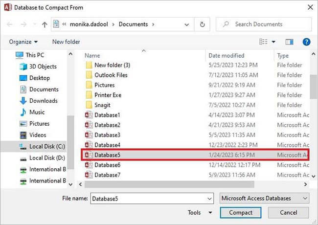Selecting Database from Local Disk drive and selecting compact