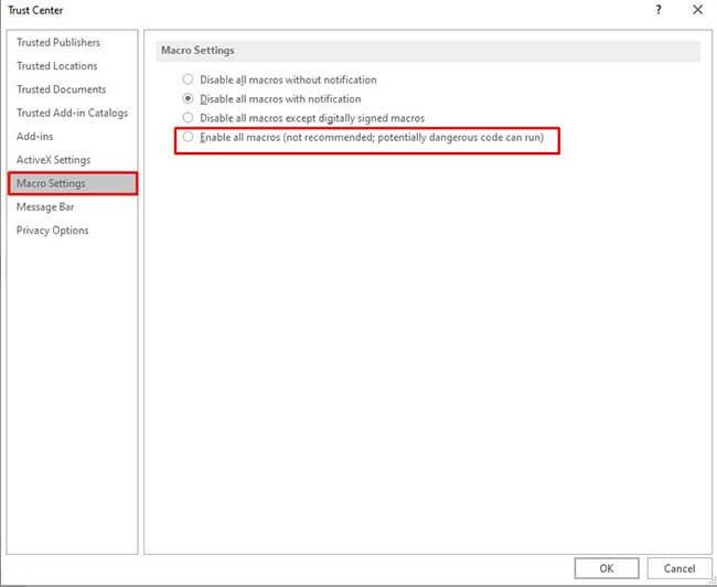 Enabling all macros from Macro Settings