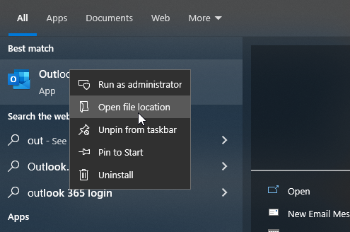 Right-click on Outlook and then select “Open File Location”. This opens the Outlook startup shortcut location.