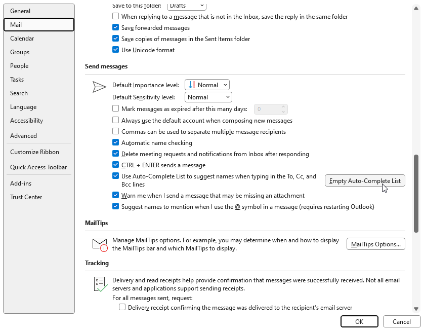 Click on Mail and then under the Send messages section, click on Empty Auto-Complete List.