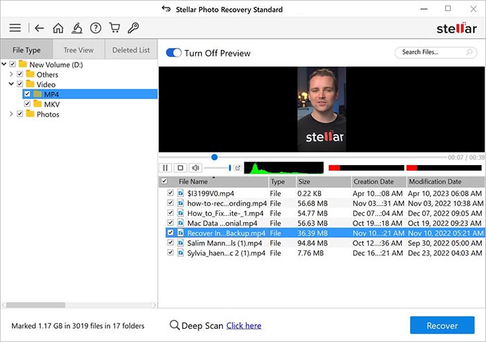 Preview screen in Stellar Photo Recovery to preview deleted Blink Videos