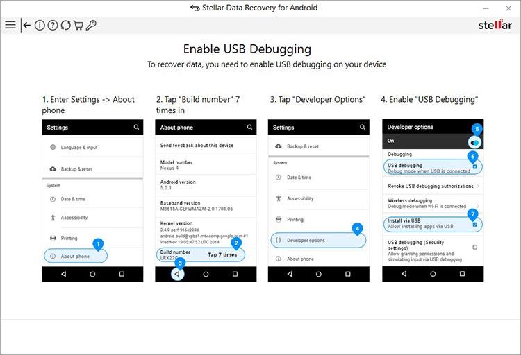 4 usb debugging in Stellar Data Recovery for Android to Recover Deleted Pictures on Android 