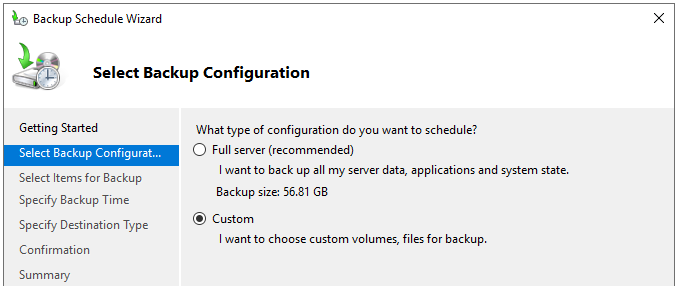 Select Backup Configuration screen