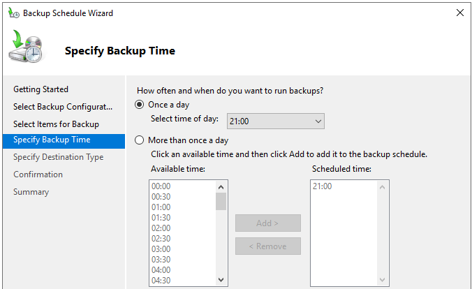 Specify Backup Time screen