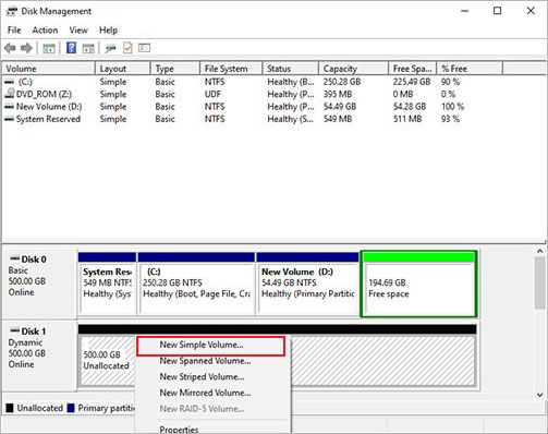 Select New Simple Volume in Disk Management