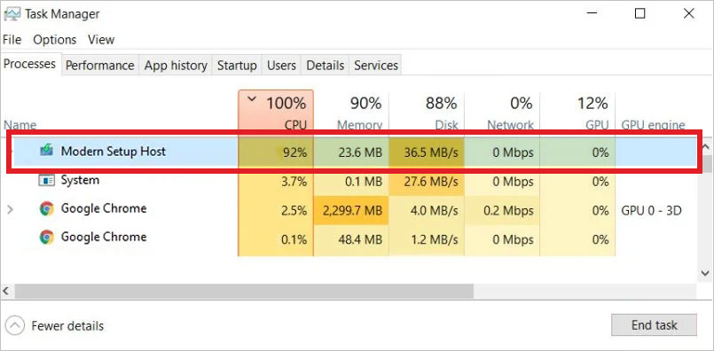 modern setup host high cpu usage error on windows