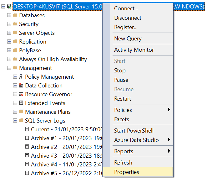 Checking SQL server version and clicking on properties