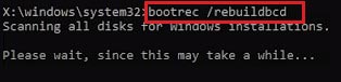 execute the bootrec rebuild bcd command to fix the wpprecorder.sys blue screen error