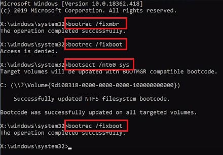execute fixboot nt60 command to fix problems with command line