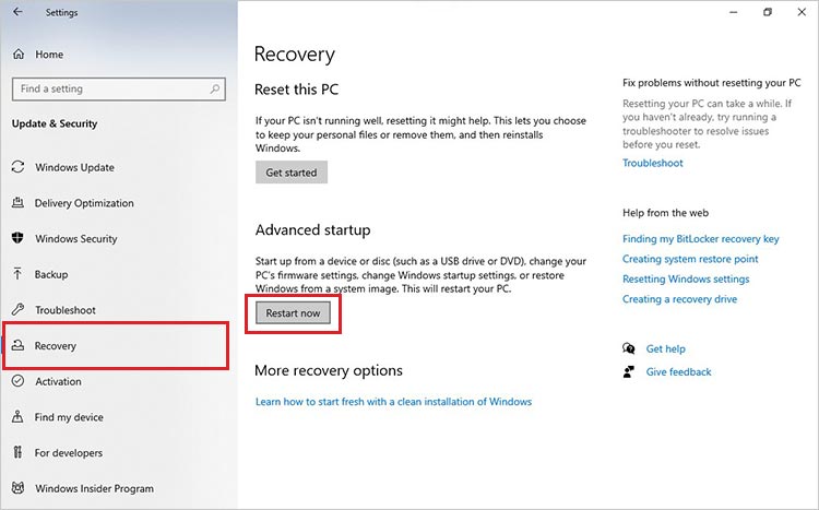 click on recovery and then restart now to open winRE