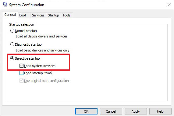 open the system configuration window and select the selective startup option