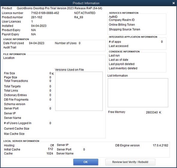 Opening QuickBooks Product Information window for version and release