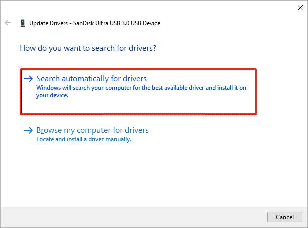 Reinstall the USB Driver - select Search automatically for drivers