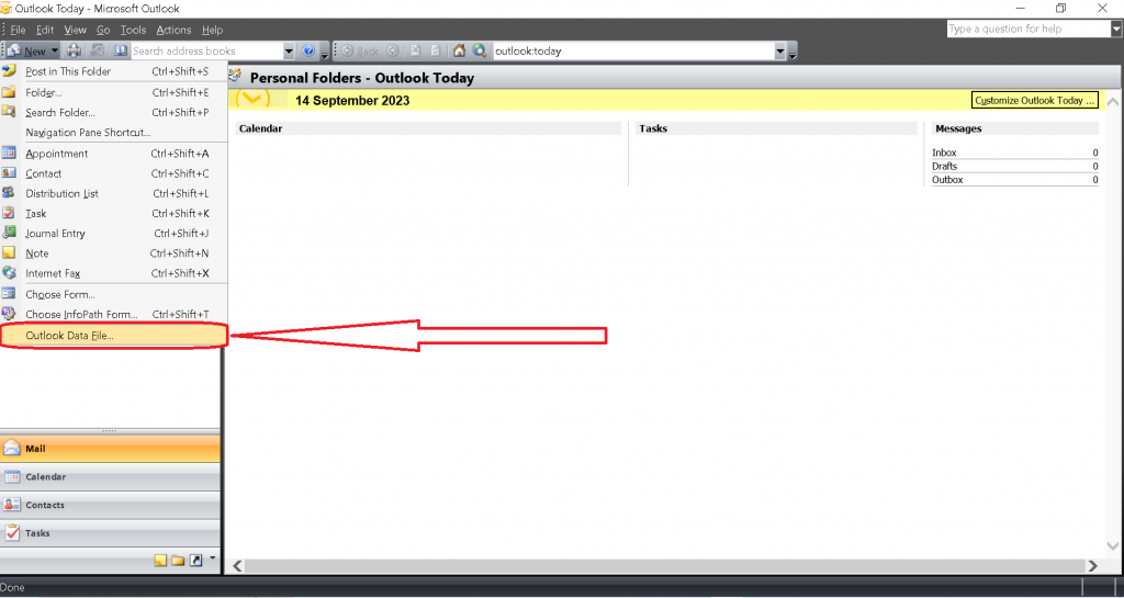 Click on Outlook Data file to create a data file.