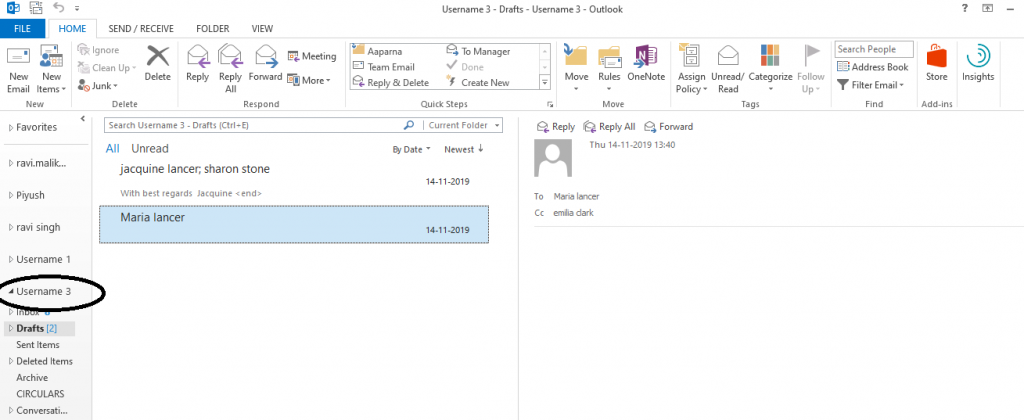 check that user mailbox visible in left pane view below the Admin mailbox