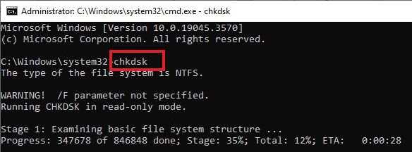 chkdsk command working to fix hard drive errors
