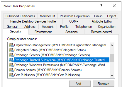 confirm that the Exchange Trusted Subsystem group is listed in the permissions