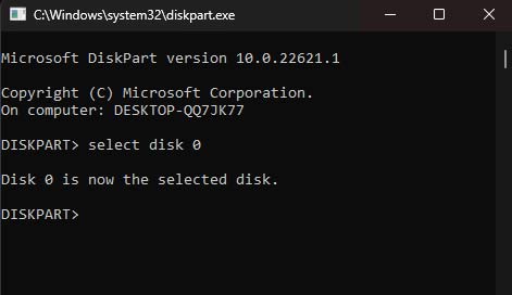 diskpart select disk 0 1