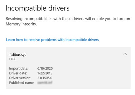 ftdibus.sys memory integrity issue on WIndows