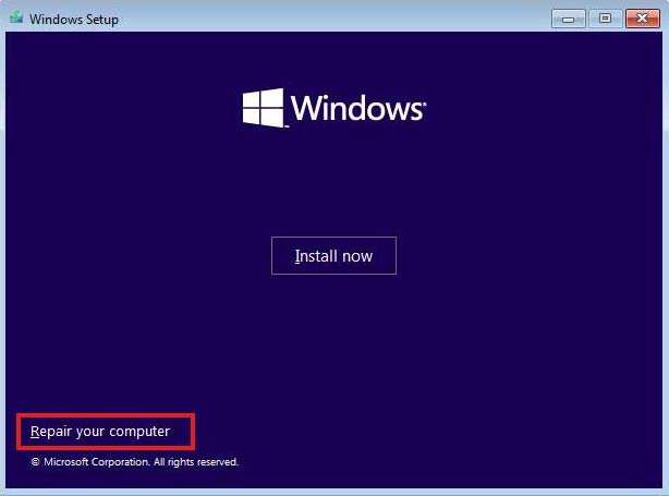 Click on repair your computer to fix the lsass.exe unable to locate component error message