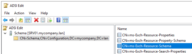 look for CN ms Exch Resource Schema