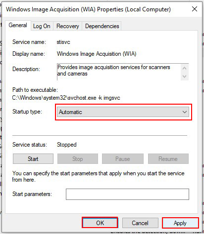 change the properties of WIA service to fix the svchost imgsvc high cpu usage error