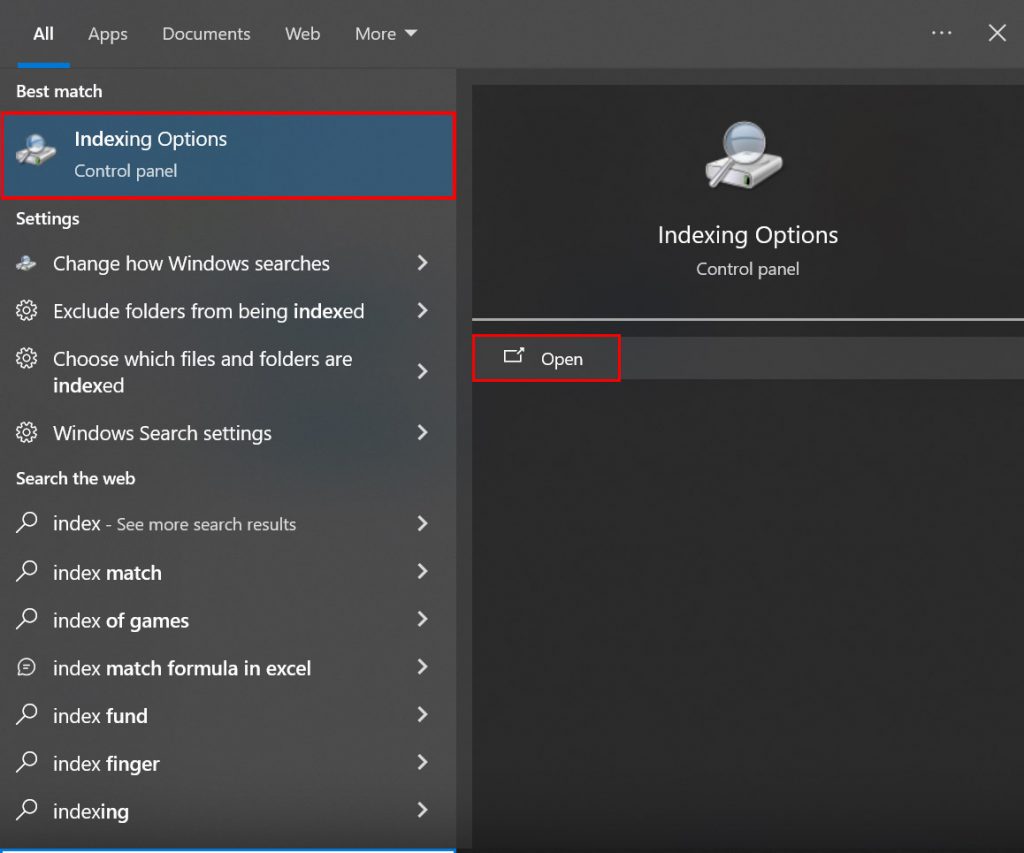 open indexing options