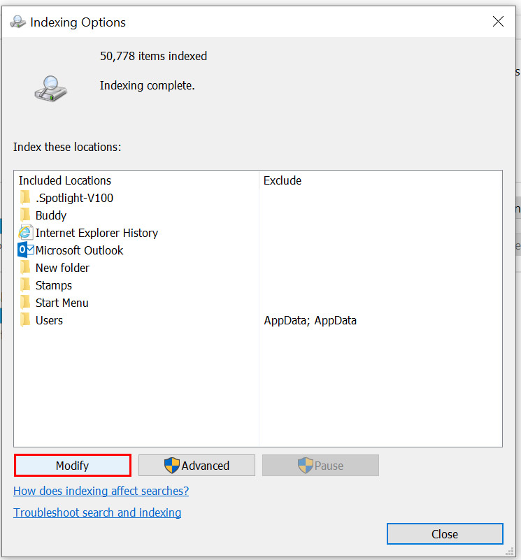 modify settings in indexing options to fix the windows can't stop your volume device error message