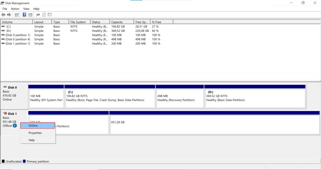 bring the disk back online to fix the windows can't stop your volume device error message