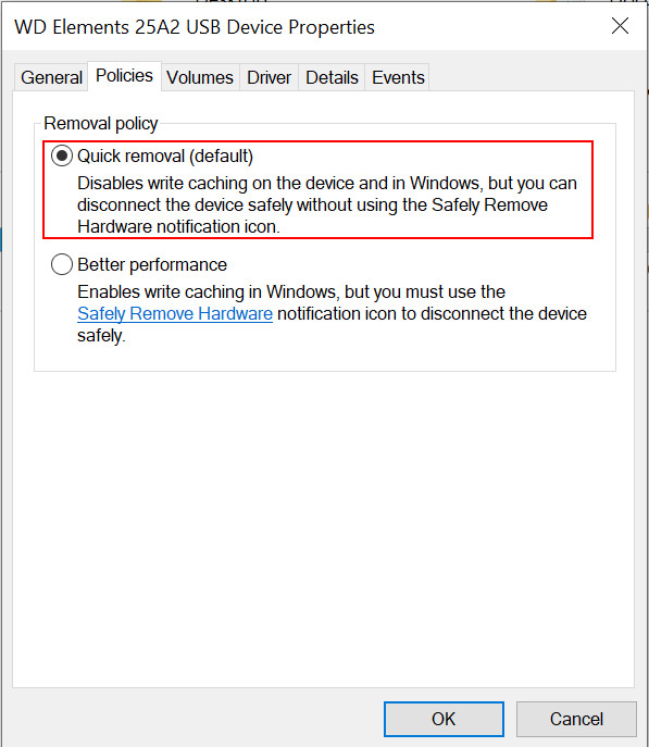 select quick removal to fix the windows can't stop your generic volume device error message